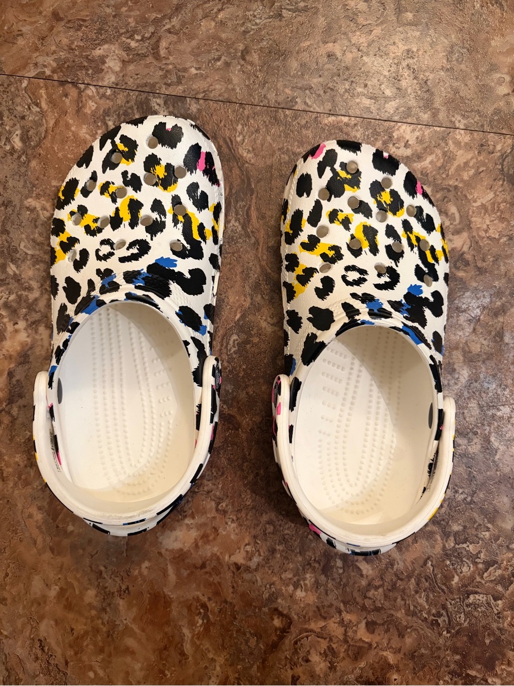 CROCS White Leopard Print Clogs with Yellow, Blue & Pink Accents